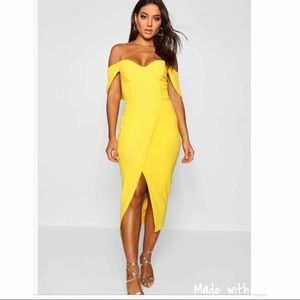 Bright and fun Boo hoo yellow off the shoulder midi dress.